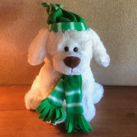 Gitzy White Dog Striped Green Winter Hat & Scarf Plush Stuffed Animal Toy 2016 - Picture 1 of 6
